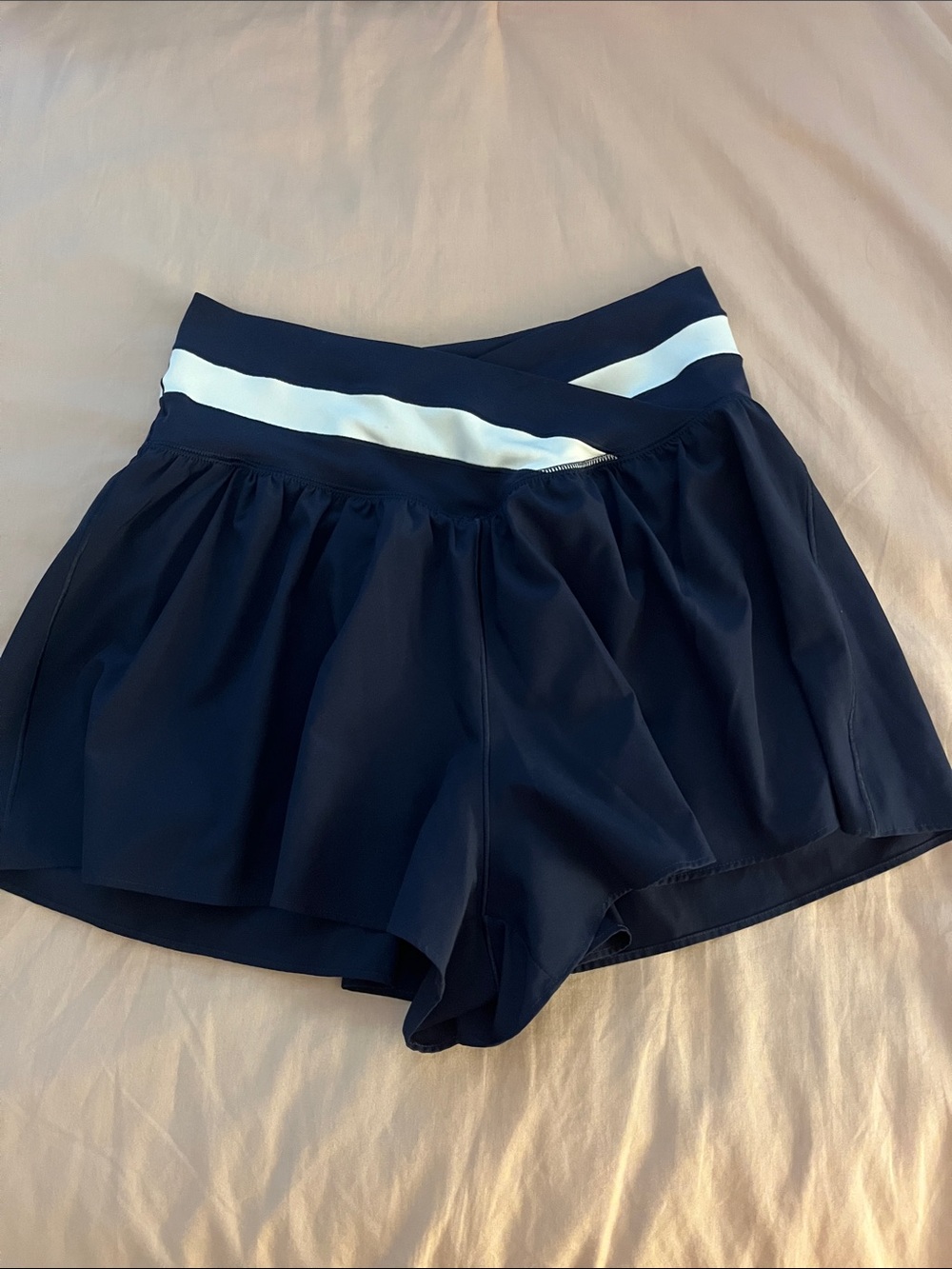 aerie Navy Blue Women's Athletic Skort-Style Shorts with White Waistband